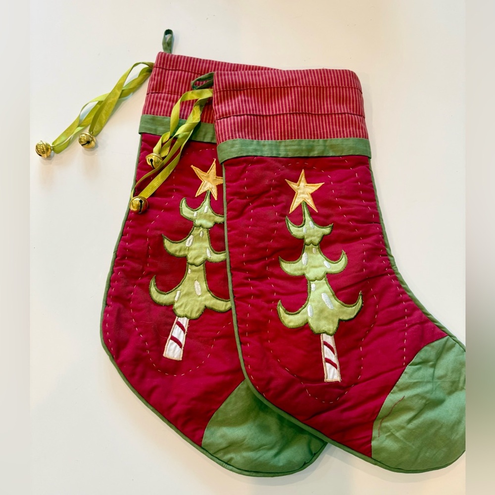 Two C & F Creations Christmas tree Stockings 18” with jingle bells
